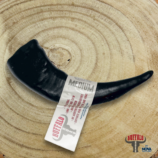 Black horn with a tag on a wooden surface, featuring the 'Buffalo by Nova' brand.